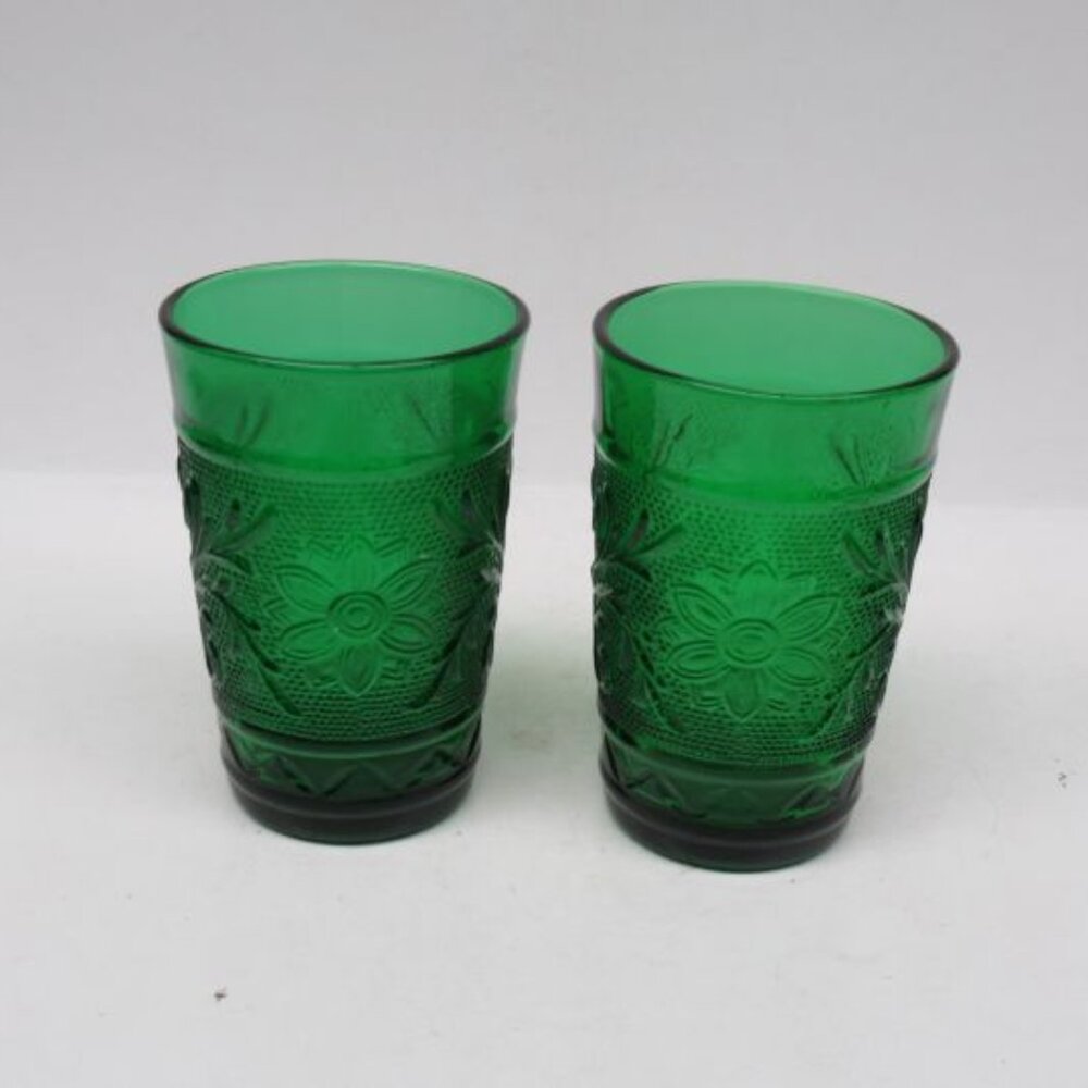 2 - Anchor Hocking Fire King Forest Green SANDWICH 3 1/2 Inch Juice Tumblers